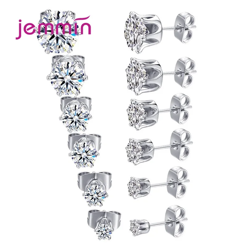 Genuine 925 Silver  3-4-5-6-7-8mm Stud Earrings For Women Fashion Wedding Jewelry Gift Shiny Crystal Earrings All Size