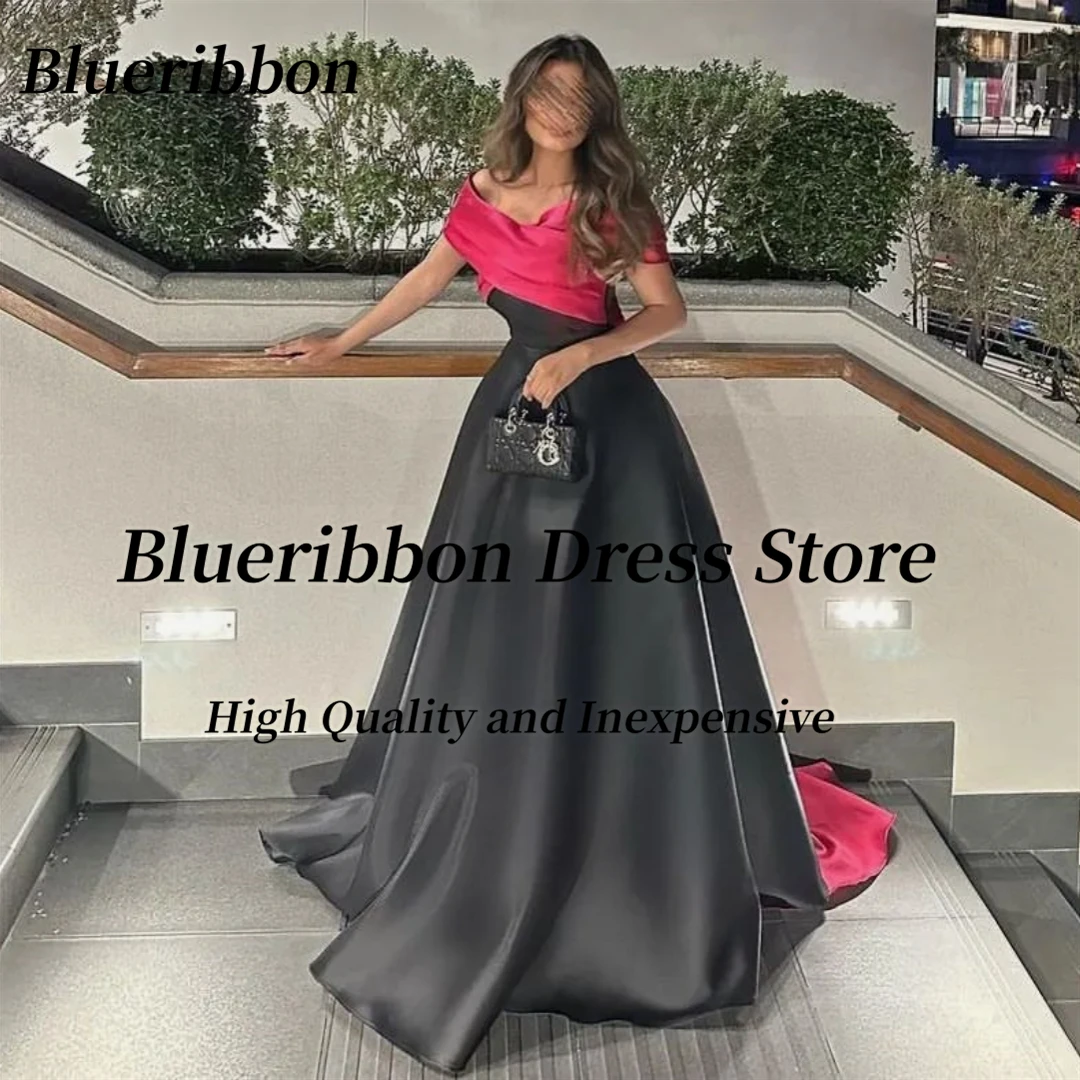 

Blueribbon Black Satin Prom Dresses Off Shoulder Contrast Color Evening Party A Line Bride Wear Dress فساتين للحفلات الراقصة