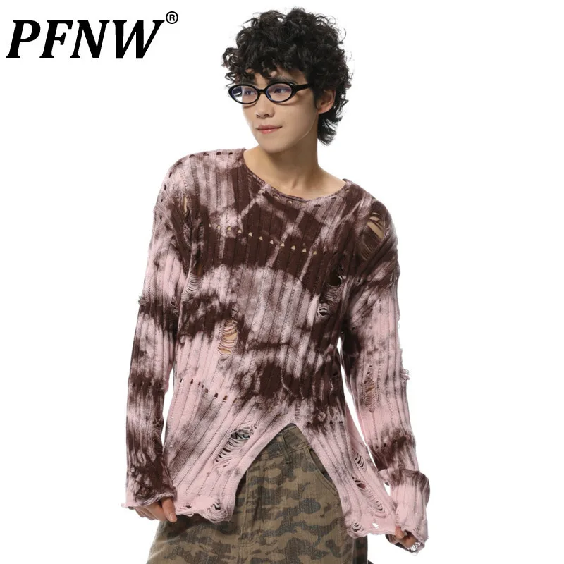 

PFNW Male Hollow Out Thin Sweater New Casual O-Neck Long Sleeve Slit Design Die Dye Fashion Men‘s Tops 2024 Autumn 28W3914