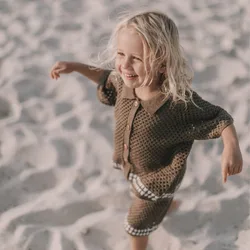 DGUKYM New Summer Baby Clothes Hollow Out Turn-down Collar Knitted Sweater Cardigan Shorts Set Baby Sweater Two-piece Set