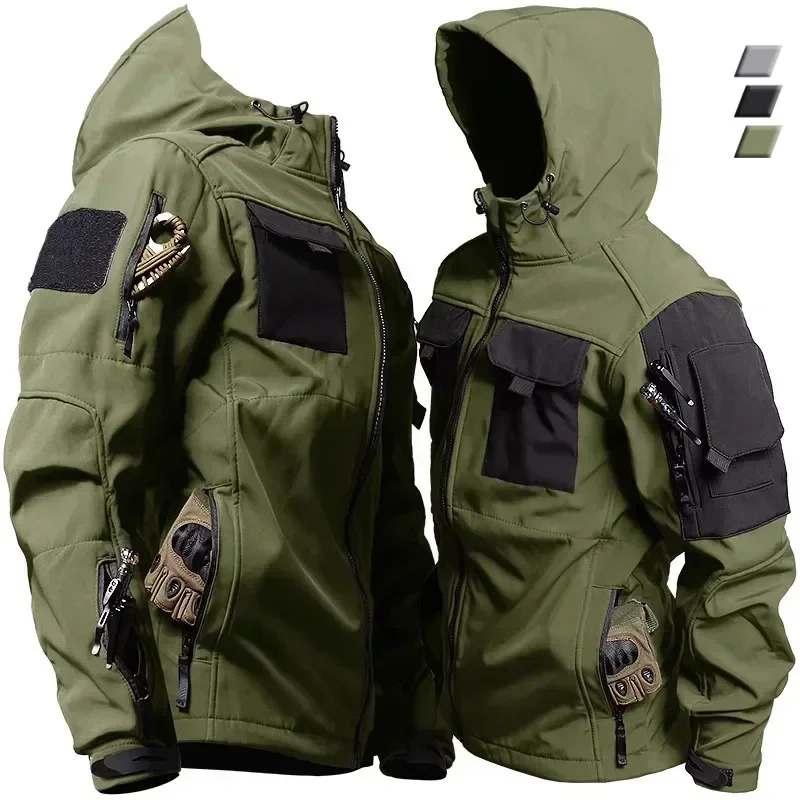 

Sharkskin Hunting Jacket Men's Outdoor Softshell Waterproof Windproof Hooded Jacket Outdoor Functional Uniform Multiple Pockets