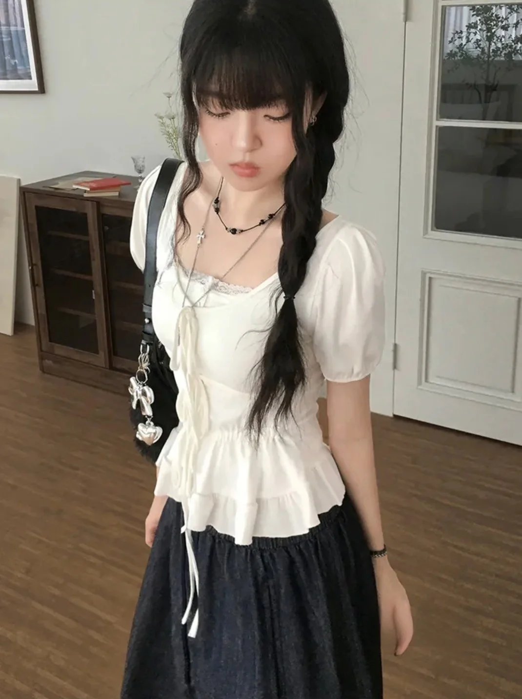 T-shirt d'été coréen pour femmes, ort Sve Bubble Sve, nœud en dentelle, coupe droite, couleur Pure, vêtements de trajet