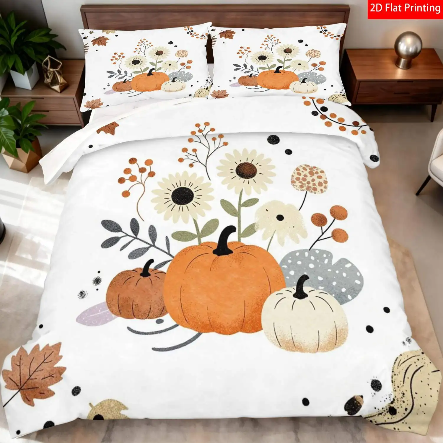 The Latest Printed Quilt Cover Set, 2D Flat Autumn Bedspread, Suitable for Various Occasions, Simple Style with Pumpkin, Sunflower, and Maple Leaf Prints, Warm Bedroom Decor, Three-Piece Quilt Cover Set, Suitable for All Seasons, Machine Washable, Invisible Zipper, Large Quilt Cover Set, Bedding Set, Quilt Cover