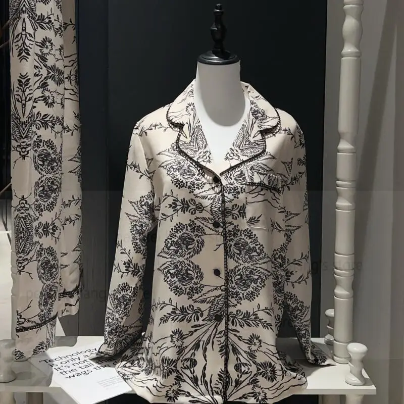 

2026 Summer Spring New Sleepwear Long Sleeve Shirt Pants Print Flower Satin Sleep Set Lady Loose Shirt Elastic Waist Pants