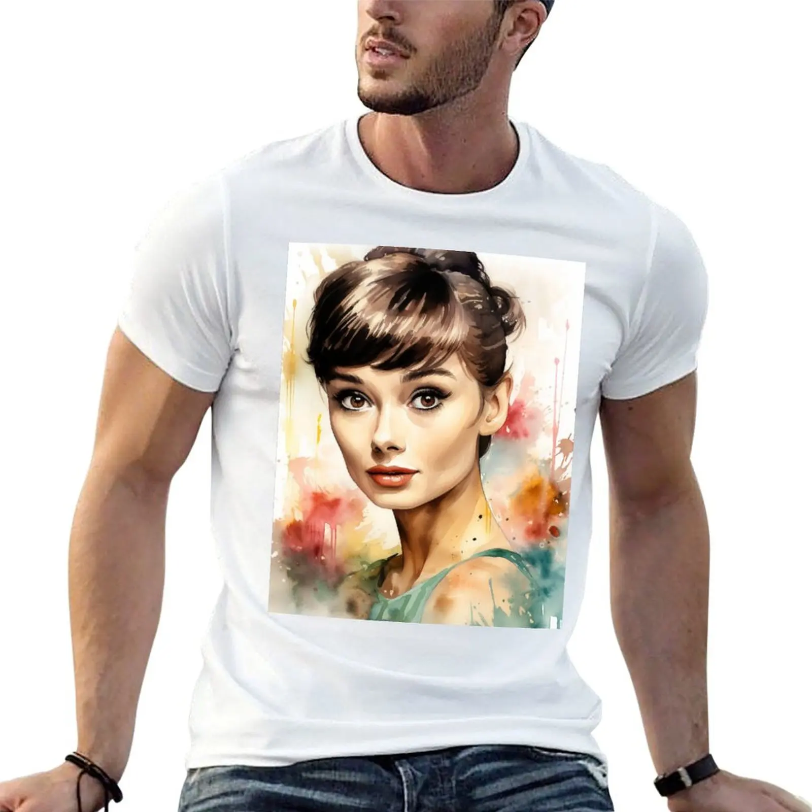 Audrey Hepburn Portrait - Watercolor - Digital Art T-Shirt quick drying heavyweights vintage t shirt men