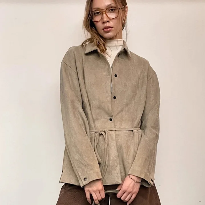 Giacca in pelle scamosciata da donna autunno kaki con lacci Colletto con bavero Camicia monopetto in vita stretta per cappotto femminile stile Instagram da donna