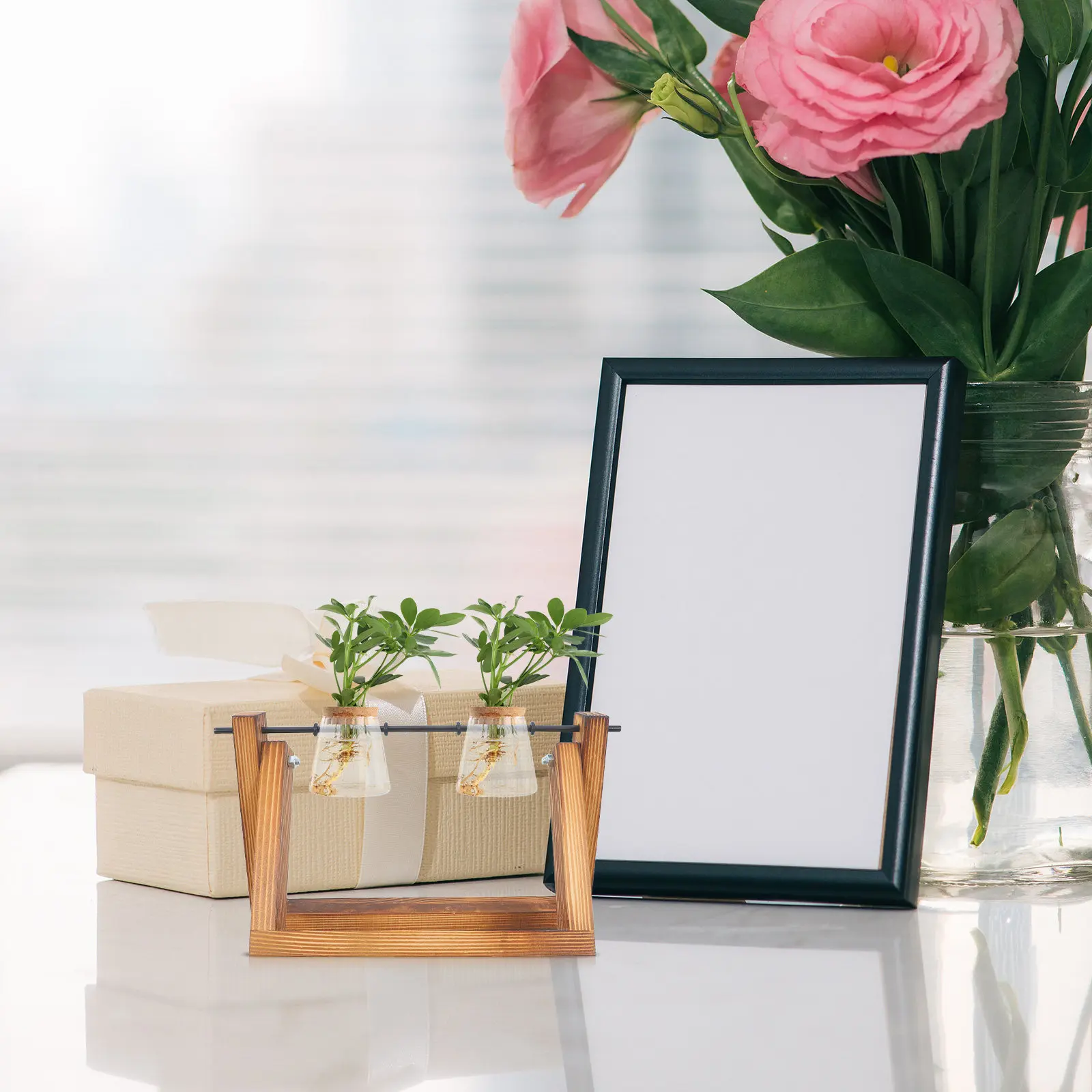 Glass Vase Wooden Stand Hydroponic Propagation Station Tabletop Terrarium Vase Holder Indoor Water Plants Desk Windowsill