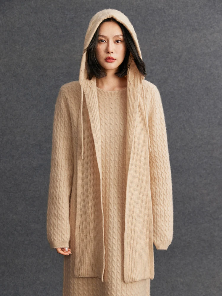 TLOML 시크 여성용 100% 캐시미어 가을 겨울 케이블 니트 후드 캐시미어 스카프 모자 보온 캐시미어 니트 스카프 패션 탑