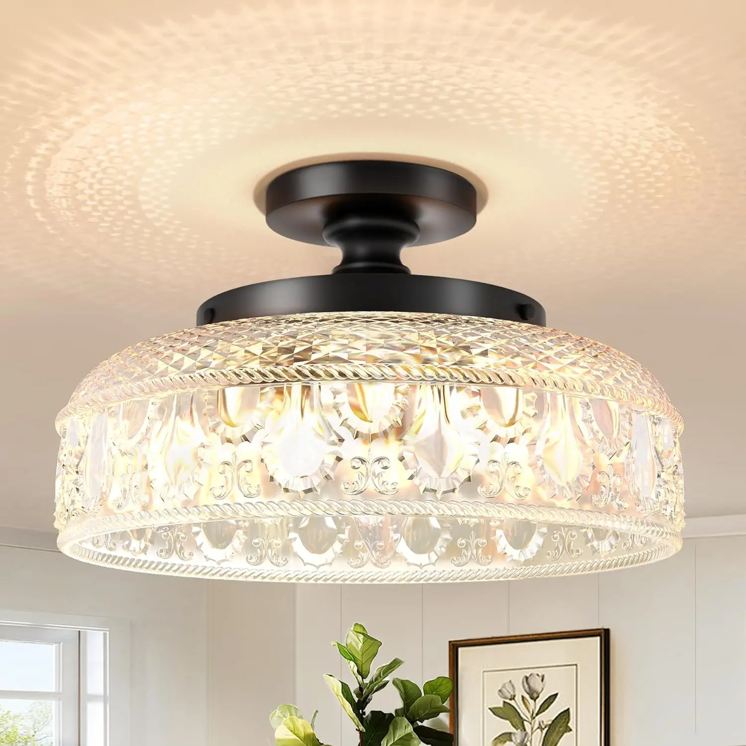 

12" Semi Flush Mount Ceiling Light, 3-Light Black Hallway Fixture for Bedroom Kitchen