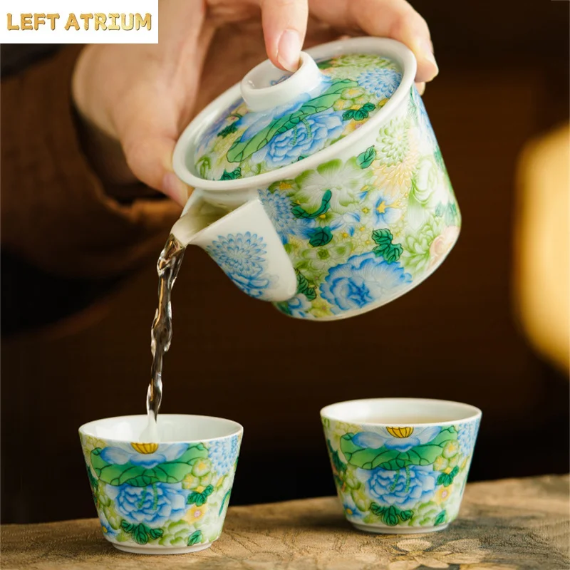 Enamel Colours Floral Travel Tea Set Ceramic Outdoor Kung Fu Tea Set Portable Teapot Teacups Handmade Filtered Pot Home Teaware