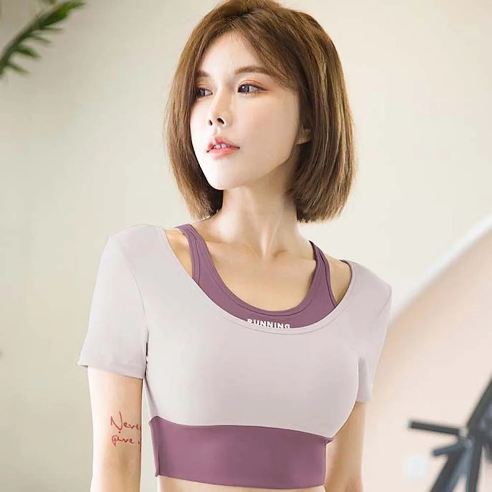 

Combined in One Sports Top with Bra Breathable Contrast Color Fitness Short-Sleeved Thickened Tight Plus Size Short Top