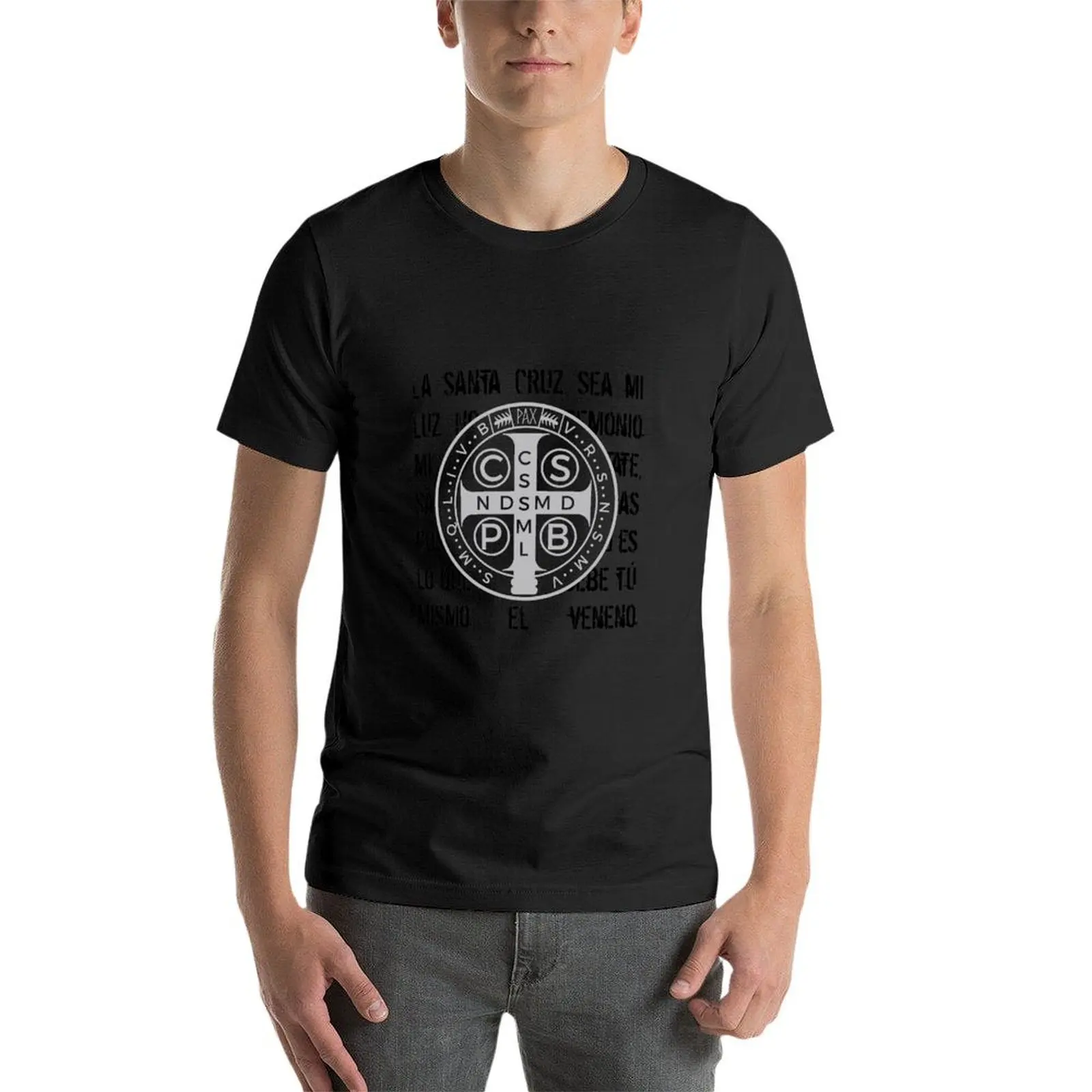 Camiseta masculina de oração de São Bento, presentes religiosos católicos, tops vintage, plus size