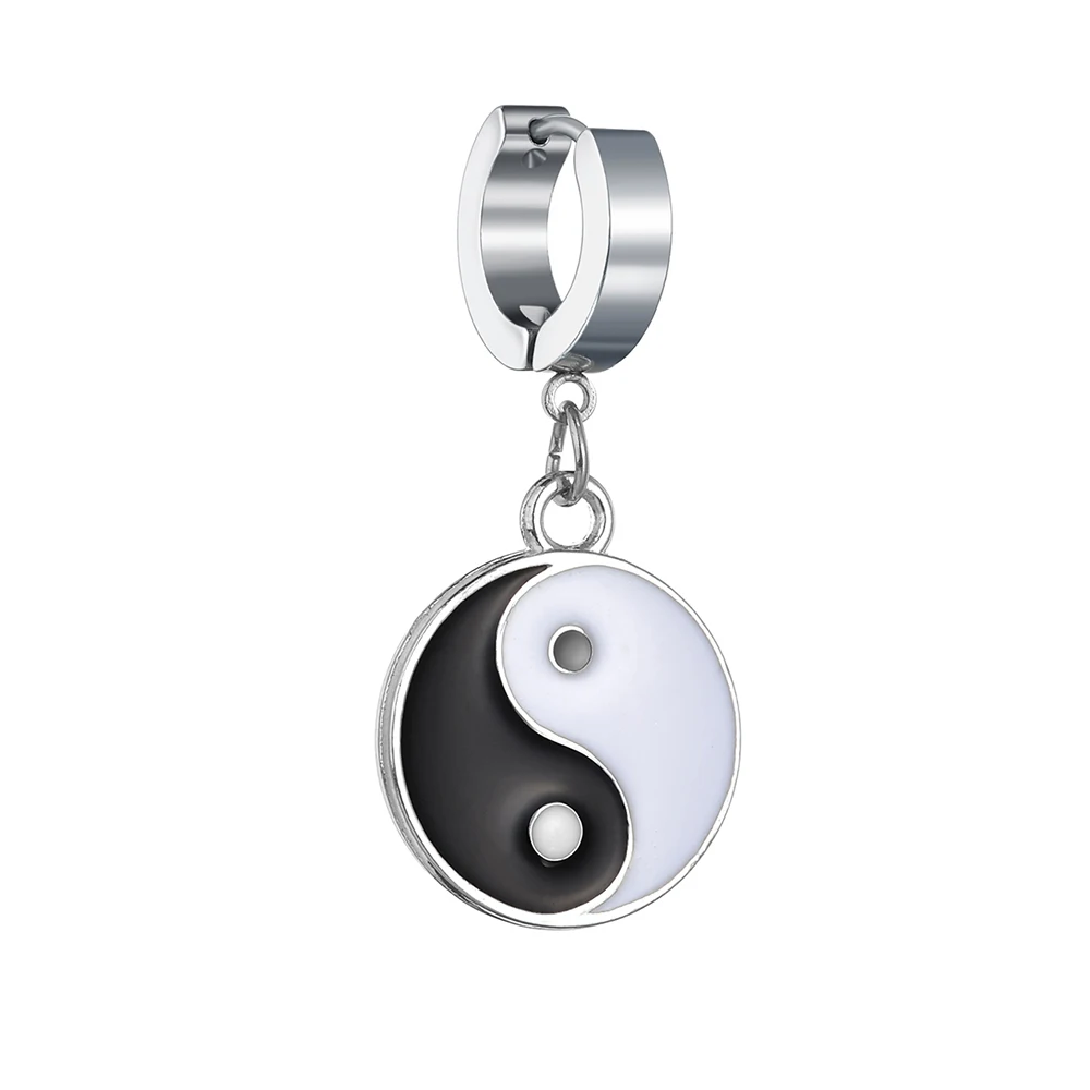 Punk Hoop Earrings White And Black Yin Yang Taiji Pendant For Men Women Stainless Steel Drop Ear Jewelry Personality Gift