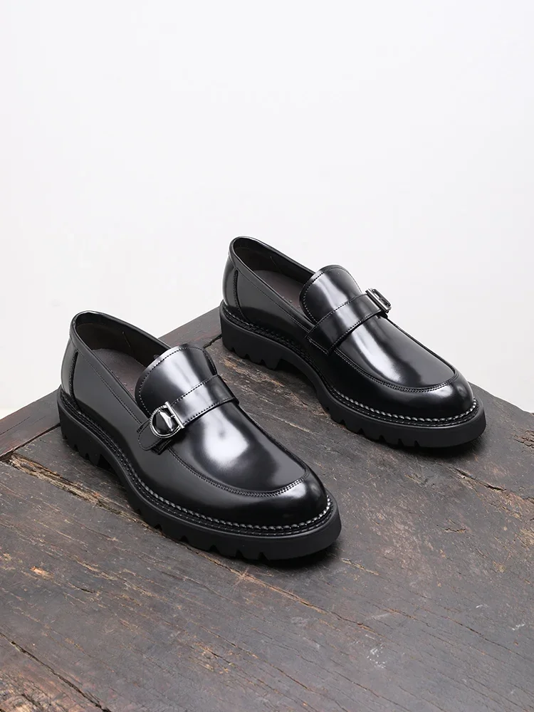 2024 New Boutique Business Formal Men's Shoes British Bright Leather Thick Soled Casual Slip-on Shoe Round Head Leather