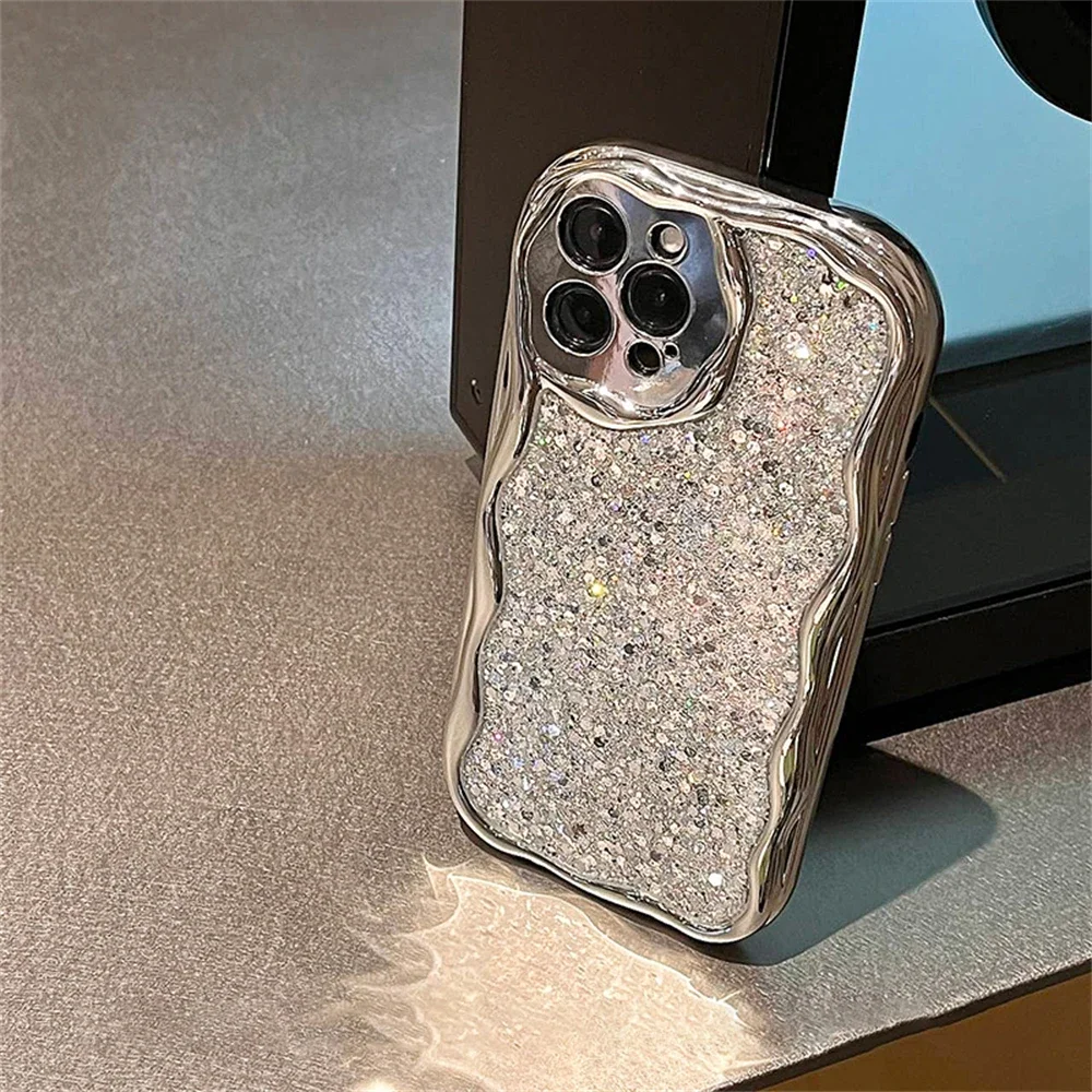 Luxury Bling Silver Plating Wavy Phone Case For iPhone 15 14 13 12 11 Pro Max X XR XS Glitter 3D Epoxy Shockproof Bumper Cover