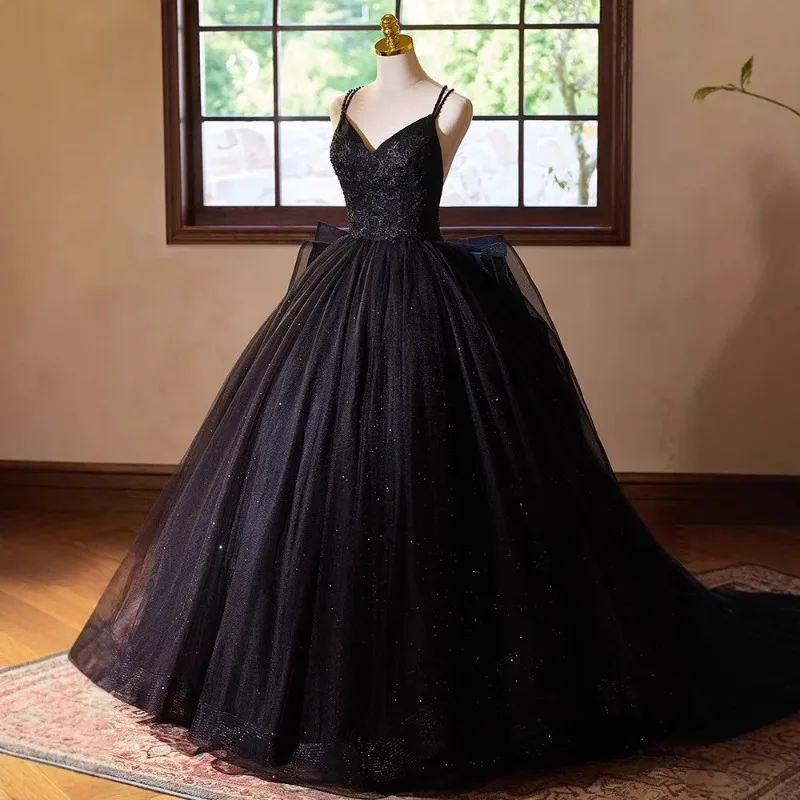 

2026 Women's New Sexy Black Strap Evening Dress Fashionable Slimming Bridal Light Wedding Dress French Puff Skirt High End Dress