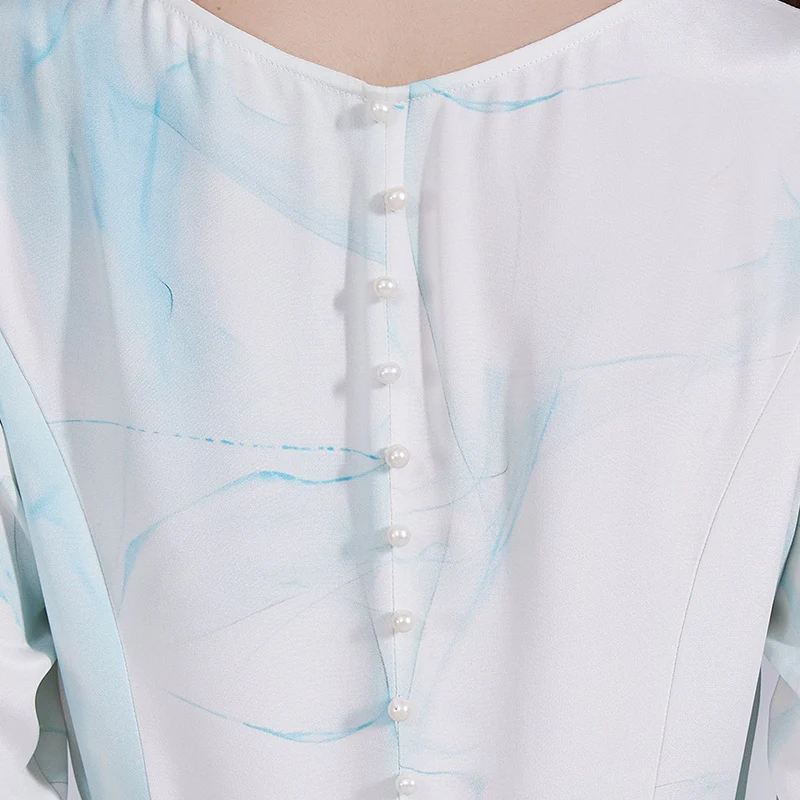 VOA40 mmi robe en soie lourde col rond manches moyennes boucle de perles nœud robe en soie lourde avant et arrière deux vêtements