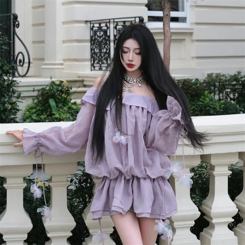 New Summer Purple One Shoulder 3D Flower Loose Long Sleeved Dress Representative Ruffle Edge Doll Neck Short Skirt Women\'s