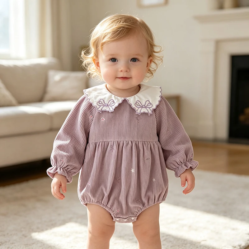 2026 Baby-Mädchen Cord-Strampler 0-24M Süßer Schleifenkragen mit Stickerei Langarm-Body für Kleinkinder Mädchen Frühling Winter Jumpsuit – Detail 15