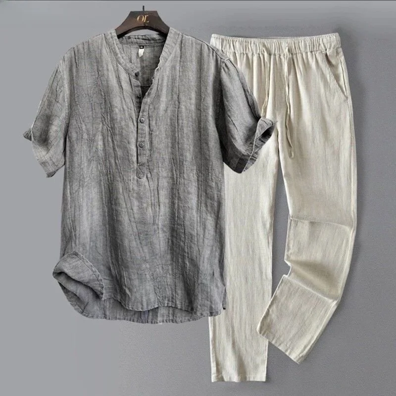 Gray top + khaki pants