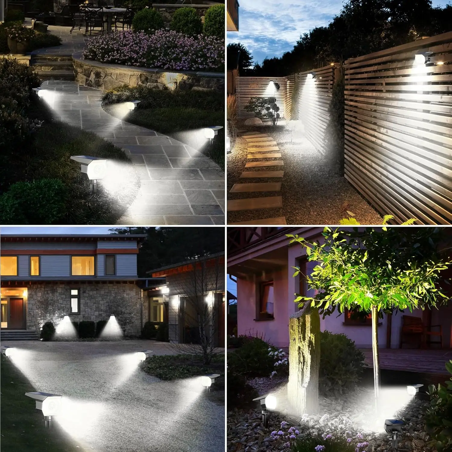 Paquete de 6 focos solares, focos exteriores impermeables de 3 modos para árboles, jardín, caminos