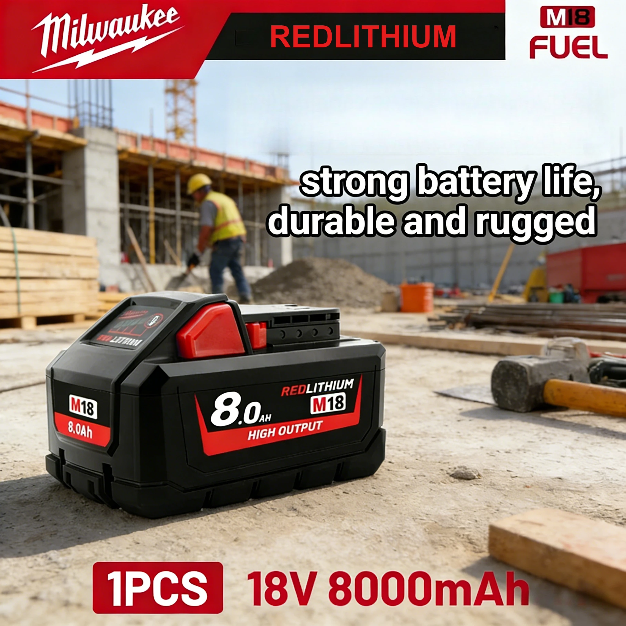 

100% milwaukee M18 6.0Ah high output rechargeable battery 18V lithium ion is suitable for milwaukee M18 cordless power tools.