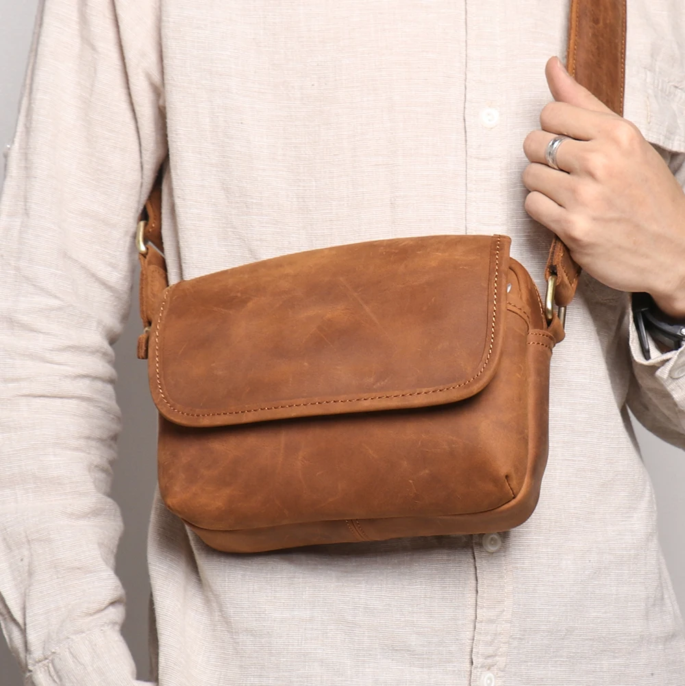 Men's Vintage Crazy Horse Leather Messenger Bag Retro Amekaji Oil Waxed Shoulder Crossbody Bag For Work Travel Casual