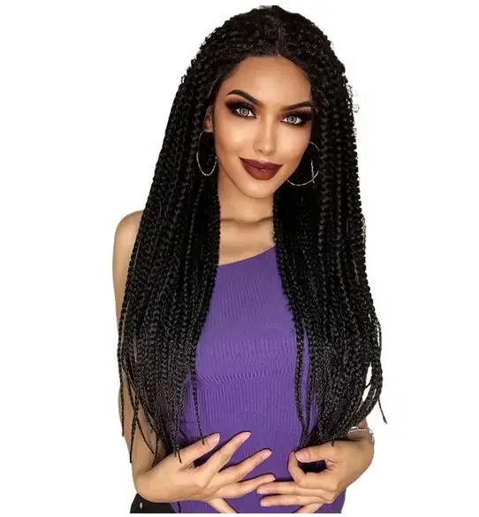 

13*0.5 Black Synthetic 28inch Long Braided Lace Front Dreadlock Wig, Afro Knotless Cornrow Twist Fake Hair