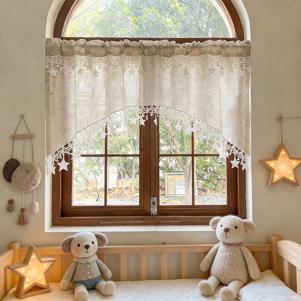 Vintage Farmhouse Star Lace Trim Curtain Arched Top Light Filtering Valance for Kitchen Doorway Living Room Home Decor