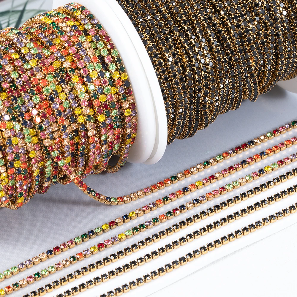 1Meter Stainless Steel Colorful Crystal Rhinestone Chain Sew-On Glue-On Trim Cube Chains for DIY Cloth Necklace Bracelet Choker