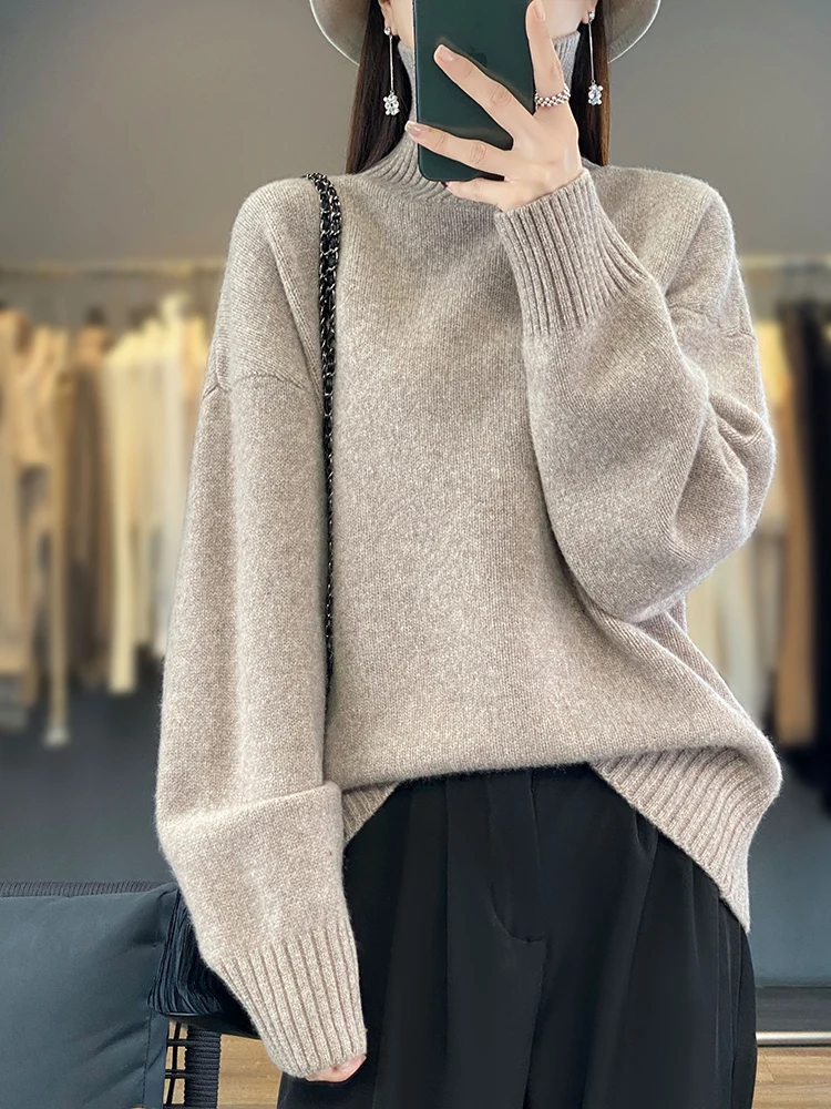 Merino Pullover wol wanita, atasan Jumper rajut, kasmir, lengan panjang, leher Turtleneck, Sweater wol, musim gugur, musim dingin, 100%