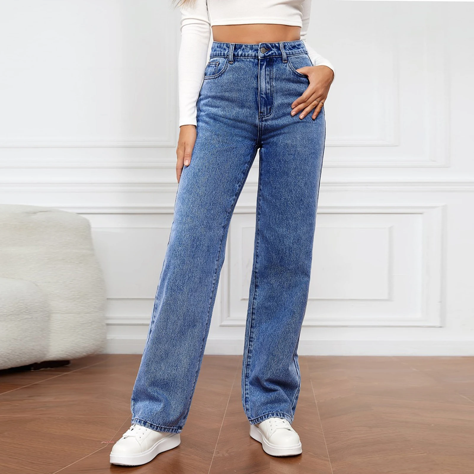 

Женские джинсы с высокой посадкой, модные повседневные потертые прямые джинсовые брюки с карманами