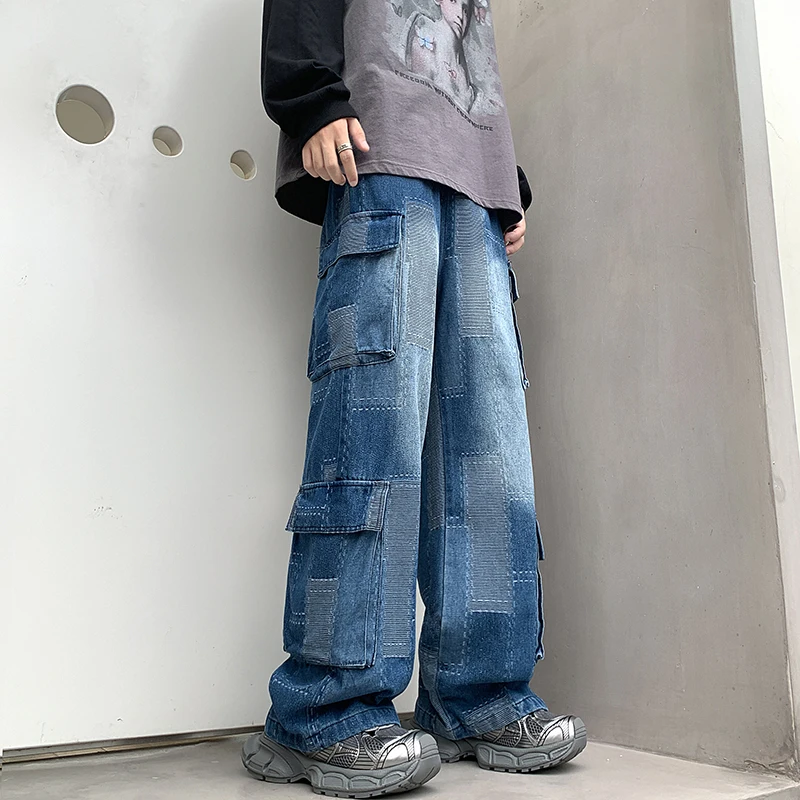 Men Jeans Wash Solid Color Multi Pockets Denim Mid Waist Cargo Pants Fahsion High Street Casual Trousers Male Daily Wear