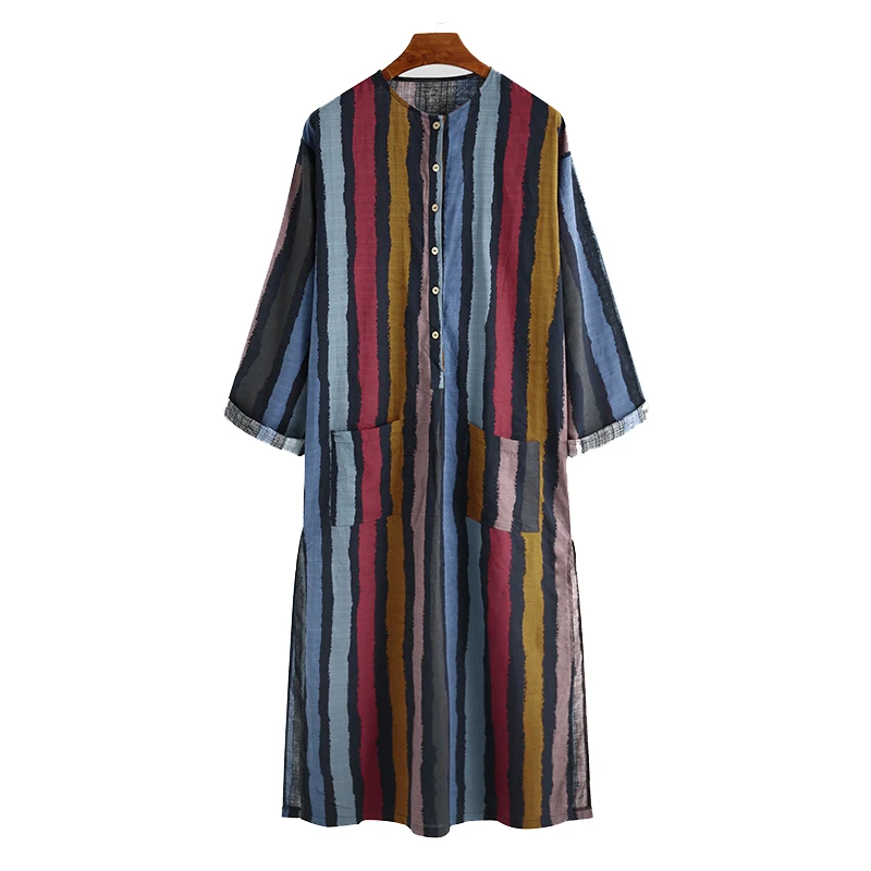 Muslim Men\'s Robe Casual Striped Print Long Loose All-match Kaftan Comfortable Long Sleeve Jubba Thobe Robes S-5XL