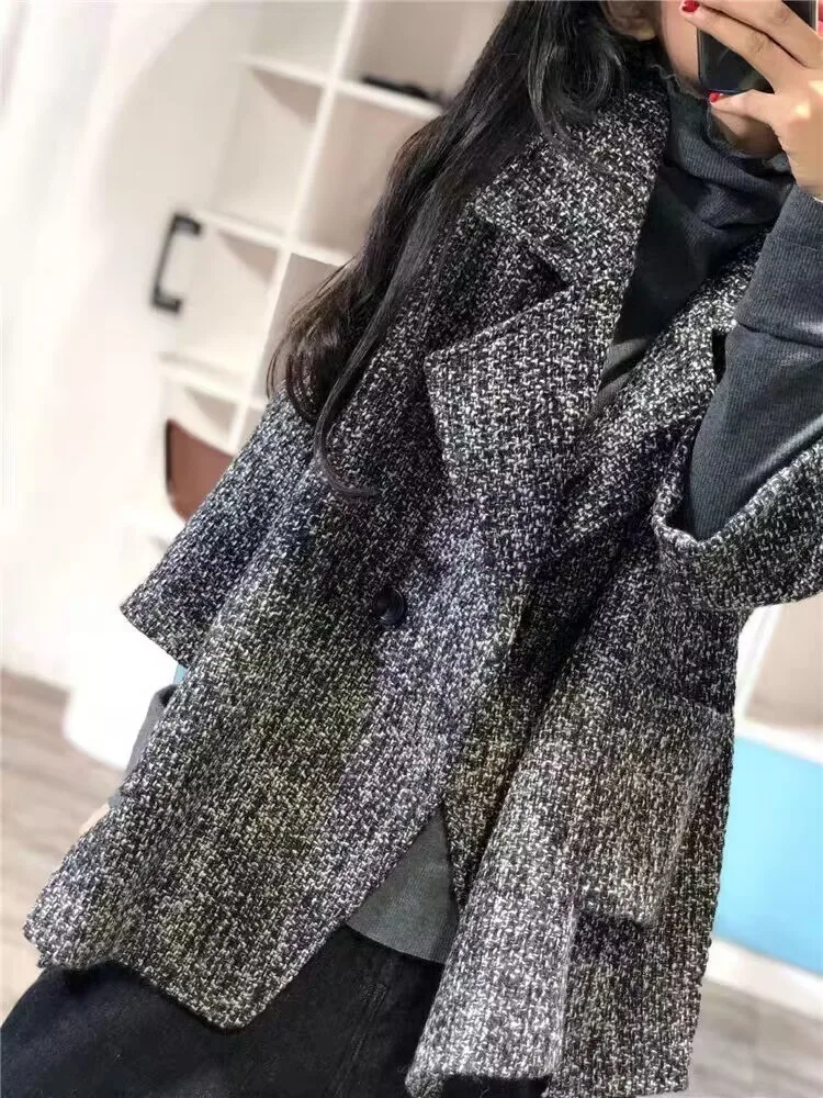 Oversized Autumn Winter Blazer Suit Woolen Coat Women Plaid Print Fashion Loose Ladies Jackets Office Woman Jackets Coats 2023