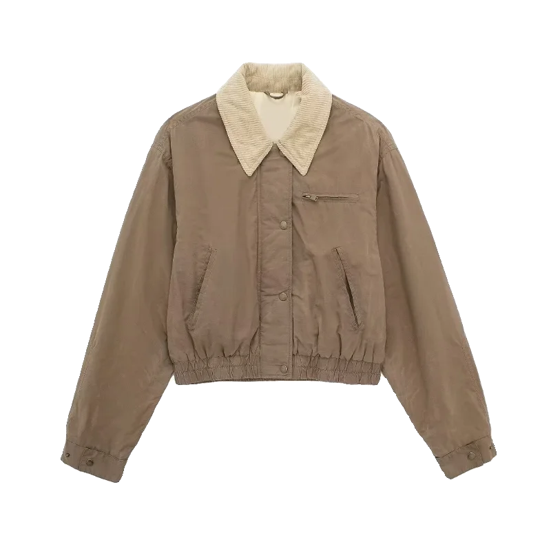 Primavera 2024 delle nuove donne in pelle cerata pilota Jaet collare colore Blo tuta sportiva Faionable vestibilità ampia lunghezza regolare per le signore