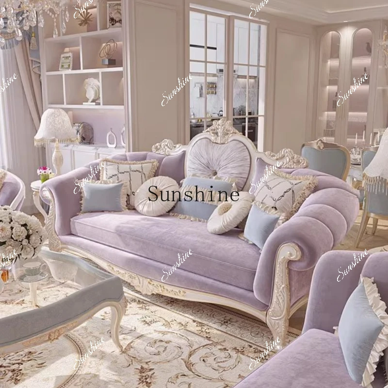 

French solid wood carving flower sofa living room luxury three-person fabric sofa