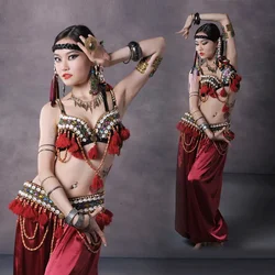 Red Tribal Fusion Belly Dance Costumes Set 3-piece Bra, Belt and Haren Pants Gypsy Costume Belly Dance Pants Costumes