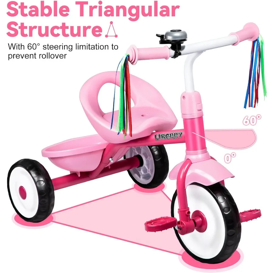 Liberry Toddler Tricycle Age 2 3 4 Years Old Trike with Bell Back Basket and Removable Pedal 3 Wheel Bike Birthday Toys Gift fo