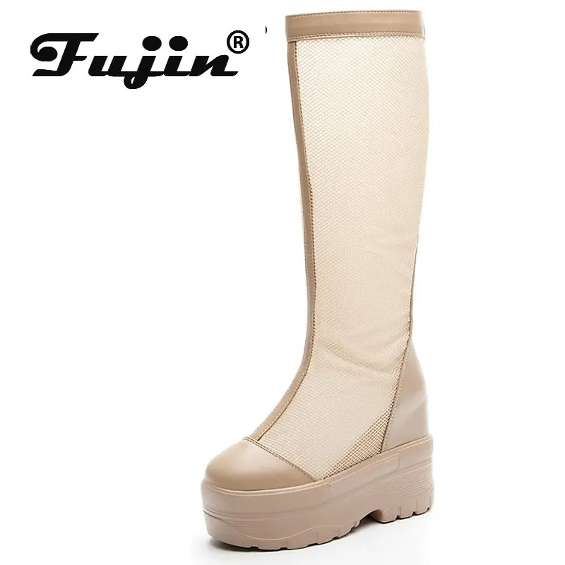 

Fujin 10cm12cm Air Mesh Mid Calf Thick Heels Knee High Booties Summer Hollow Women Boots Motorcycle Platform Wedge Fashion Shoes