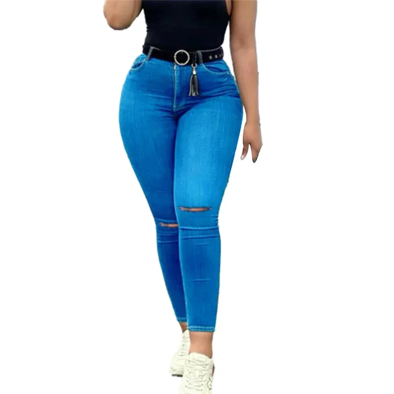 Women Knee Broken Holes Pencil Jeans High Waist Slim Fit Stretch Denim Pants Female Comfortable Office Commuter Casual Trousers