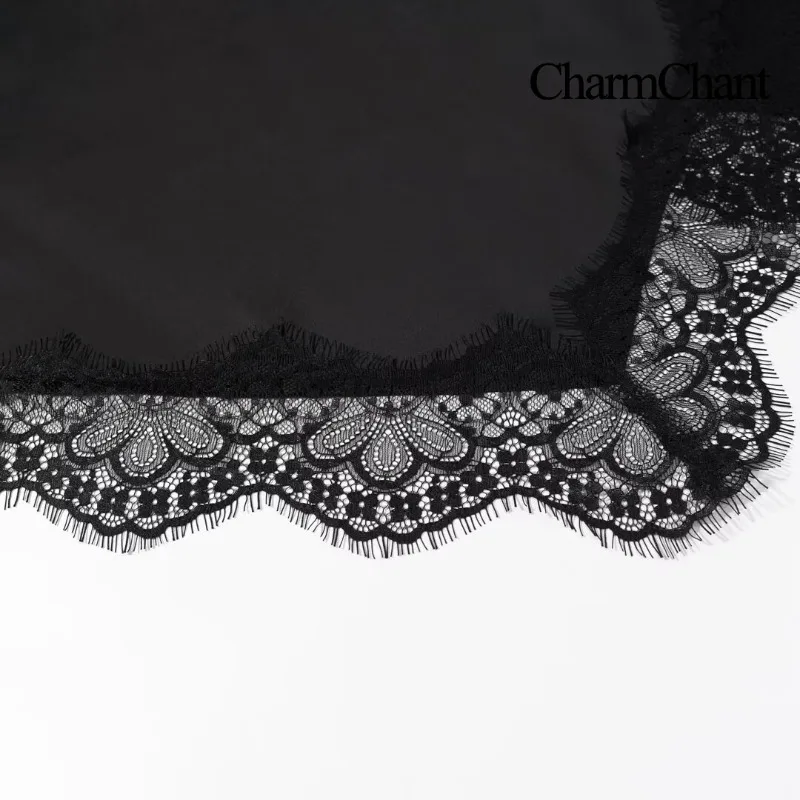 CharmChant-vestido negro de encaje satinado con cuello vuelto, dobladillo asimétrico, tirantes finos, vestidos de noche de fiesta sexys elegantes de lujo