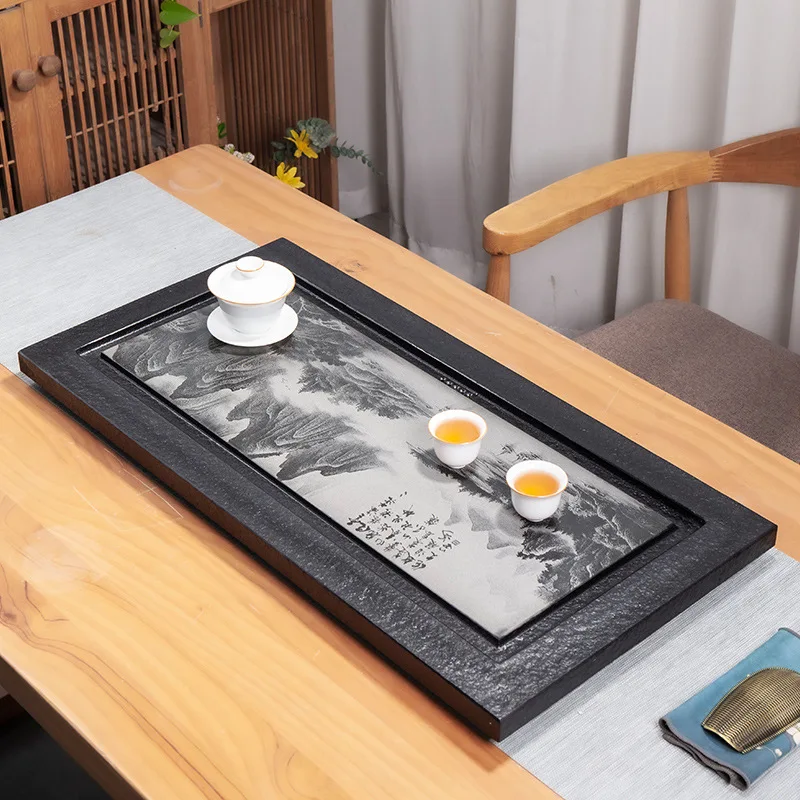 

Black Stone Tea Tray with Landscape Painting Home Use Whole Stone Tea Tray Kungfu Tea Set Accessories Home Gift