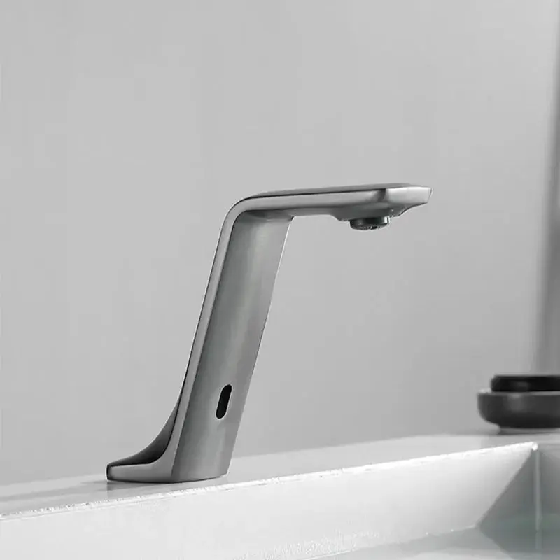 Imagem -05 - Torneira Automática da Bacia do Banheiro Touchless Sensor de Movimento Infravermelho Inteligente Lavagem Única Mão Fria Arma Cinza Bronze