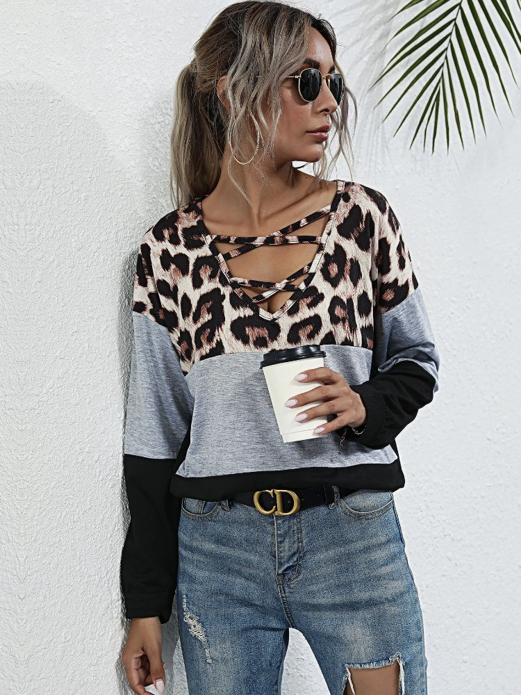 New Autumn Fashion Women's Leopard Print Stitching Loose Slim T-shirt Long Sleeve Trend Contrast Color Joker Pullover Ladies