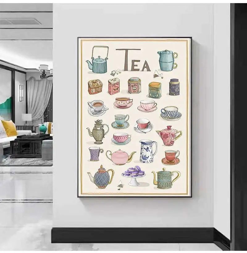 Kitchen Decor Vintage Tea Cups Teapots Poster Print Canvas Painting Nordic Wall Art Pictures Cafe Restaurant Home Decoration