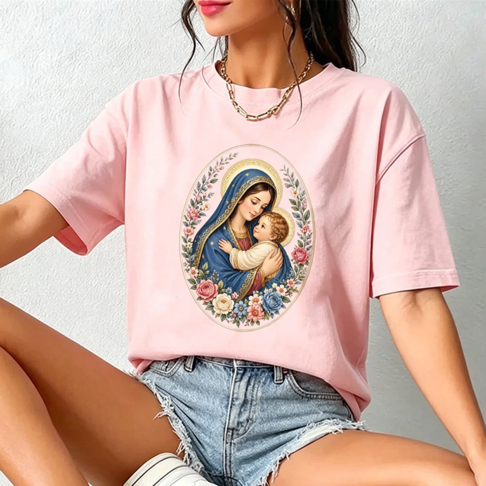 Mother Mary and Baby Jesus T-Shirt Baby Jesus Catholic Tees Blessed Floral Shirt Religious Faith Apparel for Women Cotton Tshirt