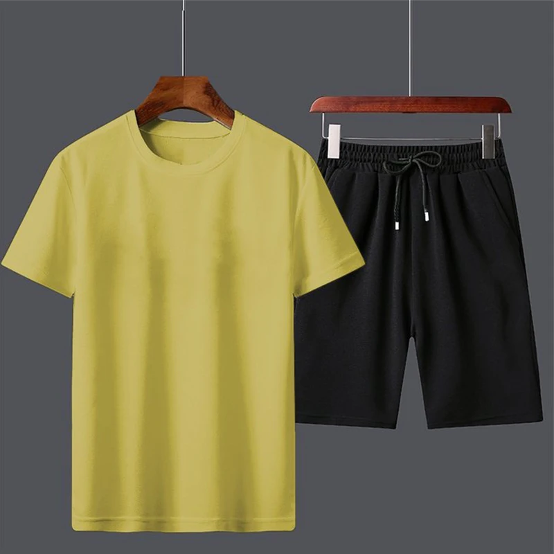 Summer New Men\'s Short-sleeved T-shirt Shorts Two-piece Sports Casual Suit Solid Color Summer Suit