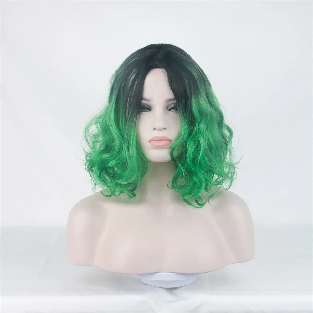 

Black and green gradient wig short hair full head chemical fiber high temperature silk curly rose net