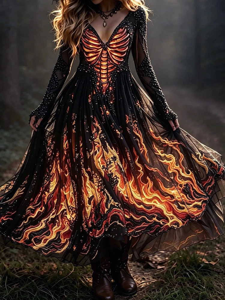 Herbstliches Halloween-Maxikleid mit Patchwork-Print, Damenmode, Elegantes Langarm-V-Ausschnitt-Allerheiligen-Partykleid 2026